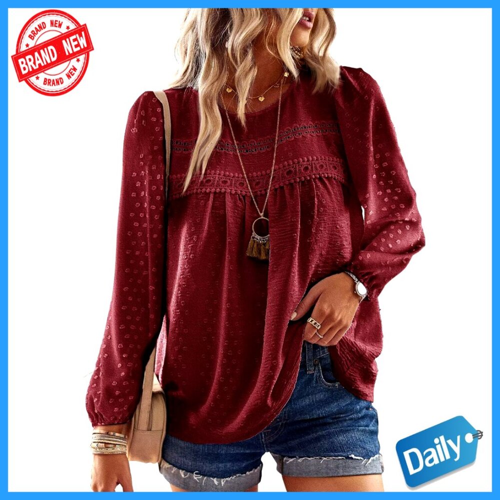 Boho Crewneck Blouse With Crochet Lace Hem, Loose Fit Long Sleeve Top